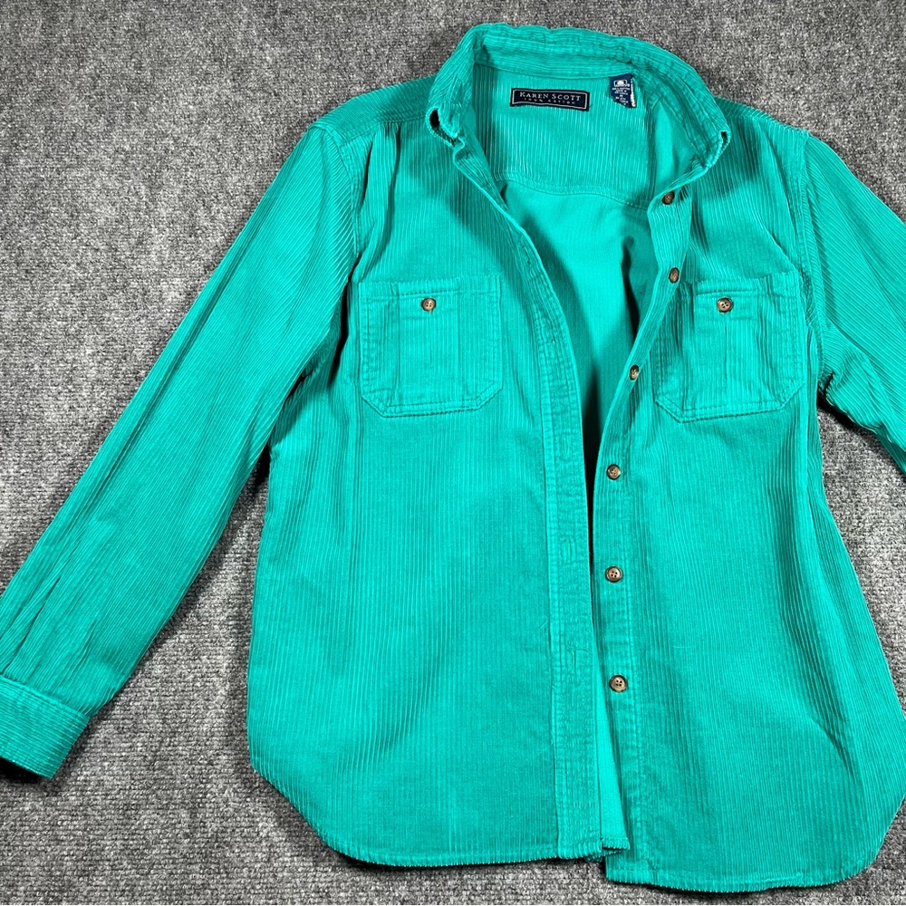Vintage Karen Scott Corduroy cotton Button Down Medium Turquoise